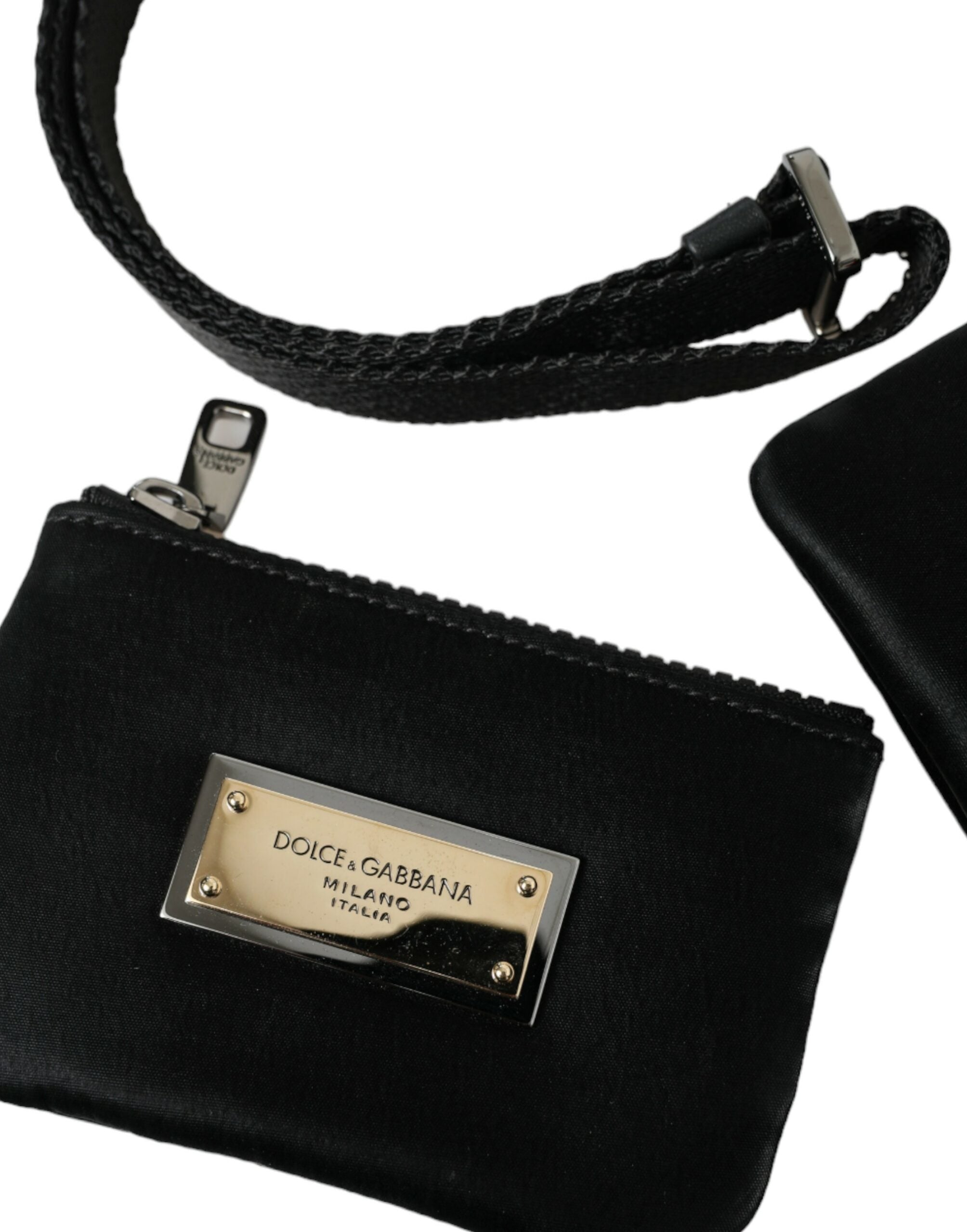 Dolce & Gabbana Black Nylon Logo Plaque Keychain Bag Clutch